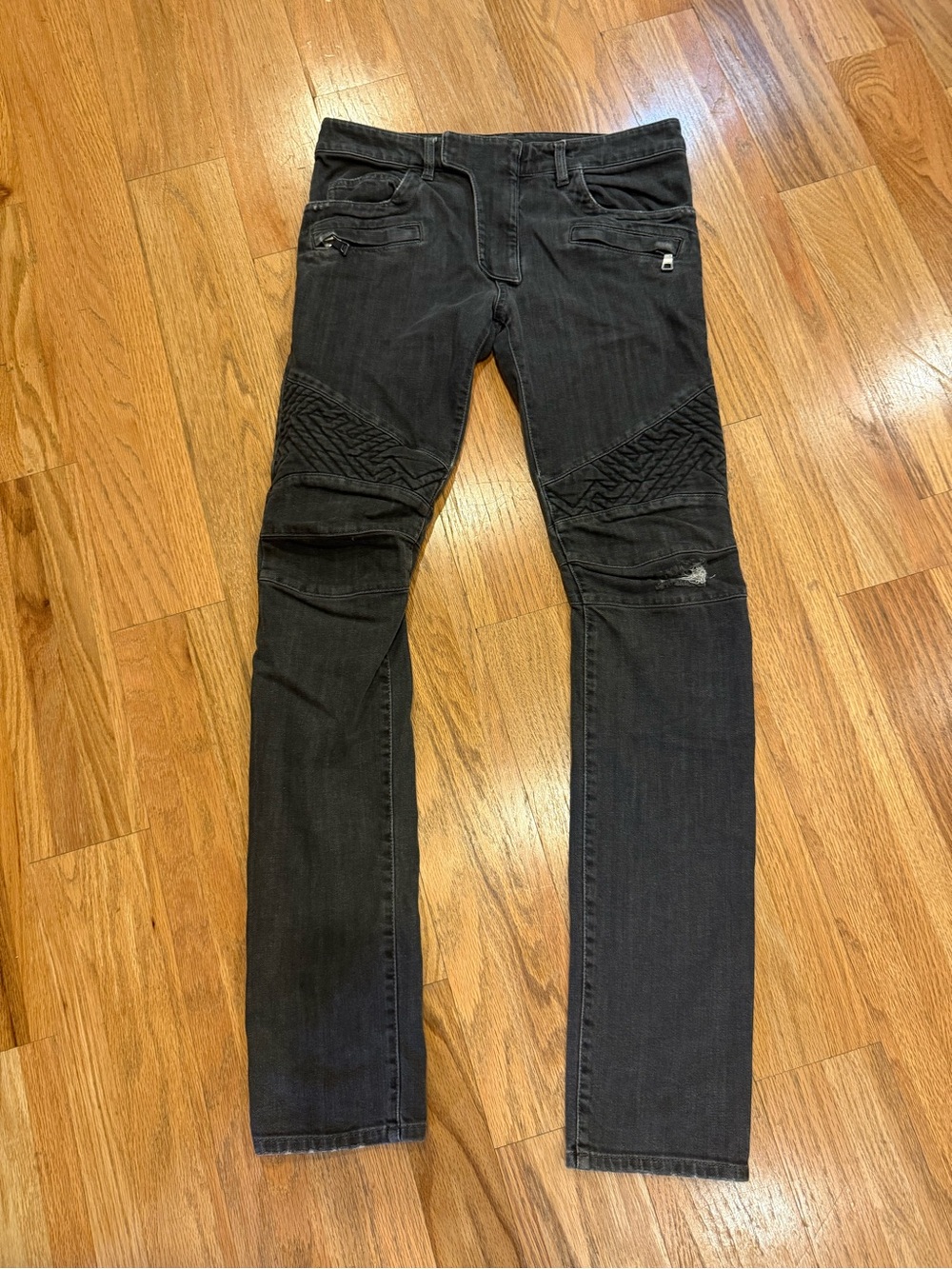 Balmain Paris Black Skinny Moto Jeans with Quilted Knee and back Waist Panels